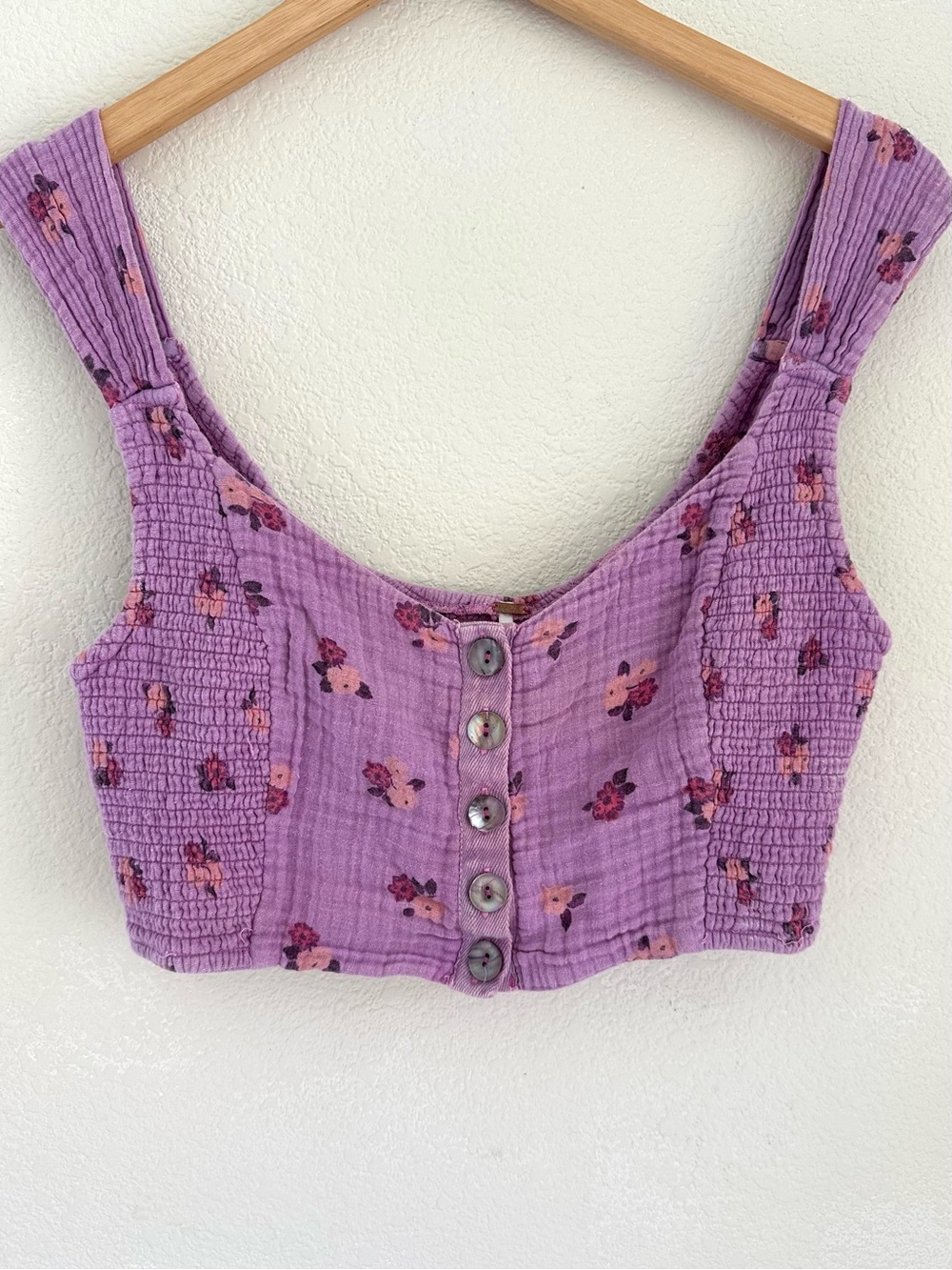Free People Purple Floral Smocked Crop Top M Boho Cottagecore 100% Cotton EUC